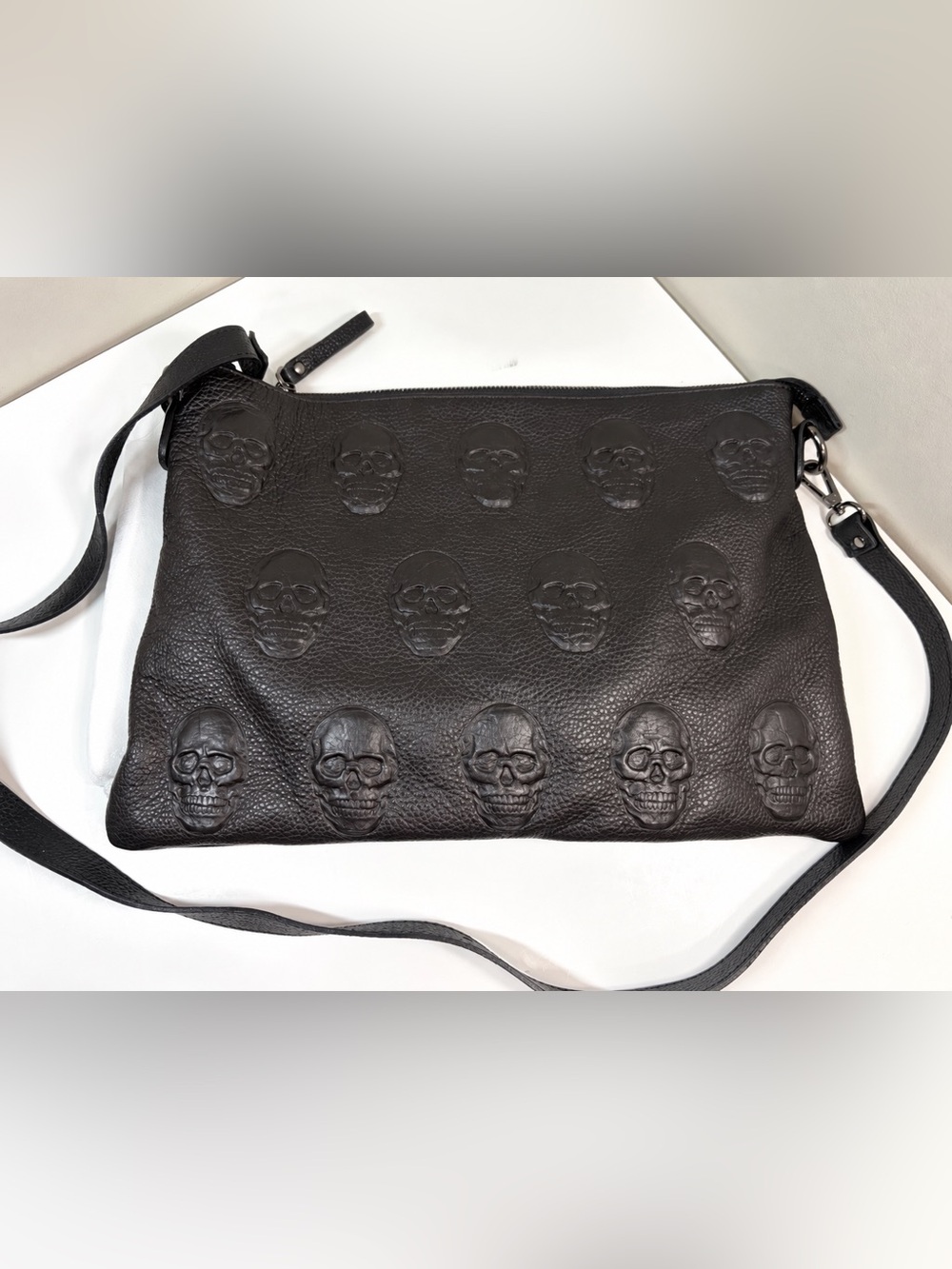 New IO PELLE Italian Black Leather Skull Embossed 14” Crossbody Purse Clutch Bag